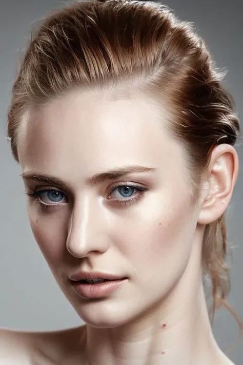 portrait of young sks woman, topless, slick hair, oiled skin, grey background,
 <lora:CR-DeborahAnnWoll-malcolmrey:1.0>