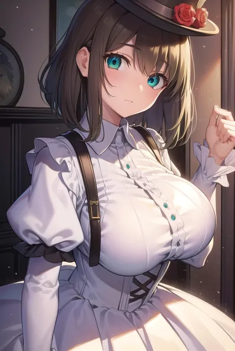 (best quality), (Super detailed), (Best Illustration), (detailed eyes), (nsfw), (1girl), upper body, look at viewer, (maid:1.2), (show off nipples:1.2), (show off large breasts:1.2), curvy body, blush, brown hair, (bob cut), curly hair, hairs between eyes, twinkle(in the eyes), blue eyes, (indoor:1.3),