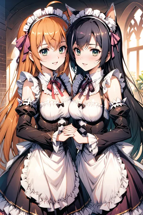 pecorine \(princess connect!\), large breasts, long hair, breasts, orange hair, ahoge, blue eyes, multiple girls, 2girls, sisters, roswaal mansion maid uniform, karyl \(princess connect!\), small breasts, animal ears, multicolored hair, black hair, streaked hair, long hair, animal ear fluff, green eyes, white hair, siblings, maid, ribbon, detached sleeves, hair ornament, hair over one eye, smile, looking at viewer, holding hands, apron, x hair ornament, hair ribbon, interlocked fingers, black ribbon, frills, maid headdress, white apron, blurry background, blurry, neck ribbon, ribbon trim, bangs, blush, purple ribbon, long sleeves, parted lips, waist apron, shiny hair, pink ribbon, dress, wide sleeves, standing, frilled sleeves, shiny, ribbon-trimmed sleeves, <lora:flyx3_XL:1>