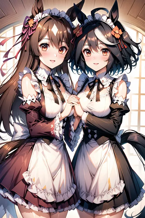 kitasan black \(umamusume\), umamusume, animal ears, horse ears, horse girl, black hair, multicolored hair, tail, red eyes, horse tail, ahoge, streaked hair, large breasts, multiple girls, 2girls, sisters, roswaal mansion maid uniform, satono diamond \(umamusume\), long hair, brown hair, breasts, ear ornament, very long hair, siblings, maid, ribbon, detached sleeves, hair ornament, hair over one eye, smile, looking at viewer, holding hands, apron, x hair ornament, hair ribbon, interlocked fingers, black ribbon, frills, maid headdress, white apron, blurry background, blurry, neck ribbon, ribbon trim, blush, purple ribbon, long sleeves, parted lips, waist apron, shiny hair, pink ribbon, dress, wide sleeves, standing, frilled sleeves, shiny, ribbon-trimmed sleeves, <lora:flyx3_XL:1>