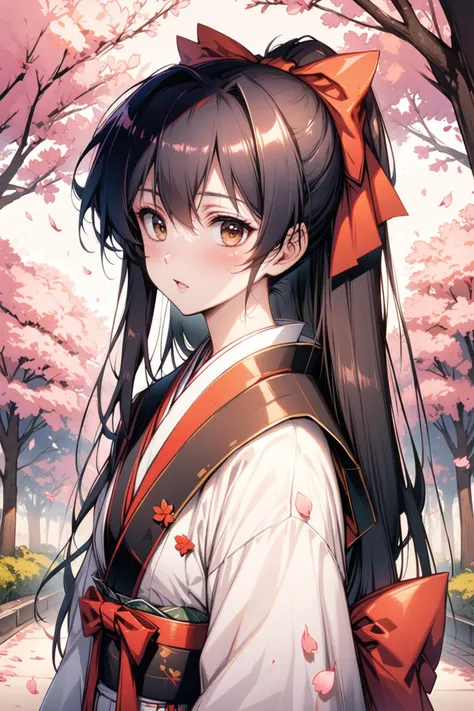 1girl, solo, bow, long hair, black hair, cherry blossoms, looking at viewer, ponytail, japanese clothes, hair bow, brown eyes, petals, red bow, black bow, bangs, upper body, parted lips, blush, hair between eyes, tree, kimono, outdoors, white kimono,<lora:flyx3_XL:1>,