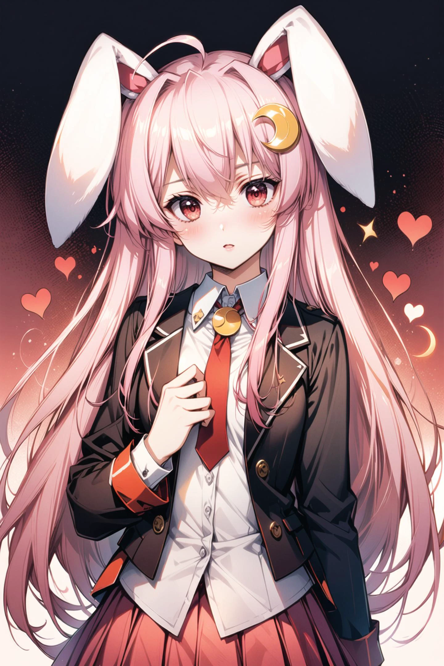 1girl, solo, animal ears, crescent, rabbit ears, long hair, red eyes, reisen udongein inaba, jacket, looking at viewer, shirt, heart, pink hair, skirt, hair ornament, long sleeves, white shirt, ahoge, simple background, black jacket, upper body, blush, bangs, hair between eyes, parted lips, crescent hair ornament, pleated skirt, crescent pin, collared shirt,<lora:flyx3_XL:1>,