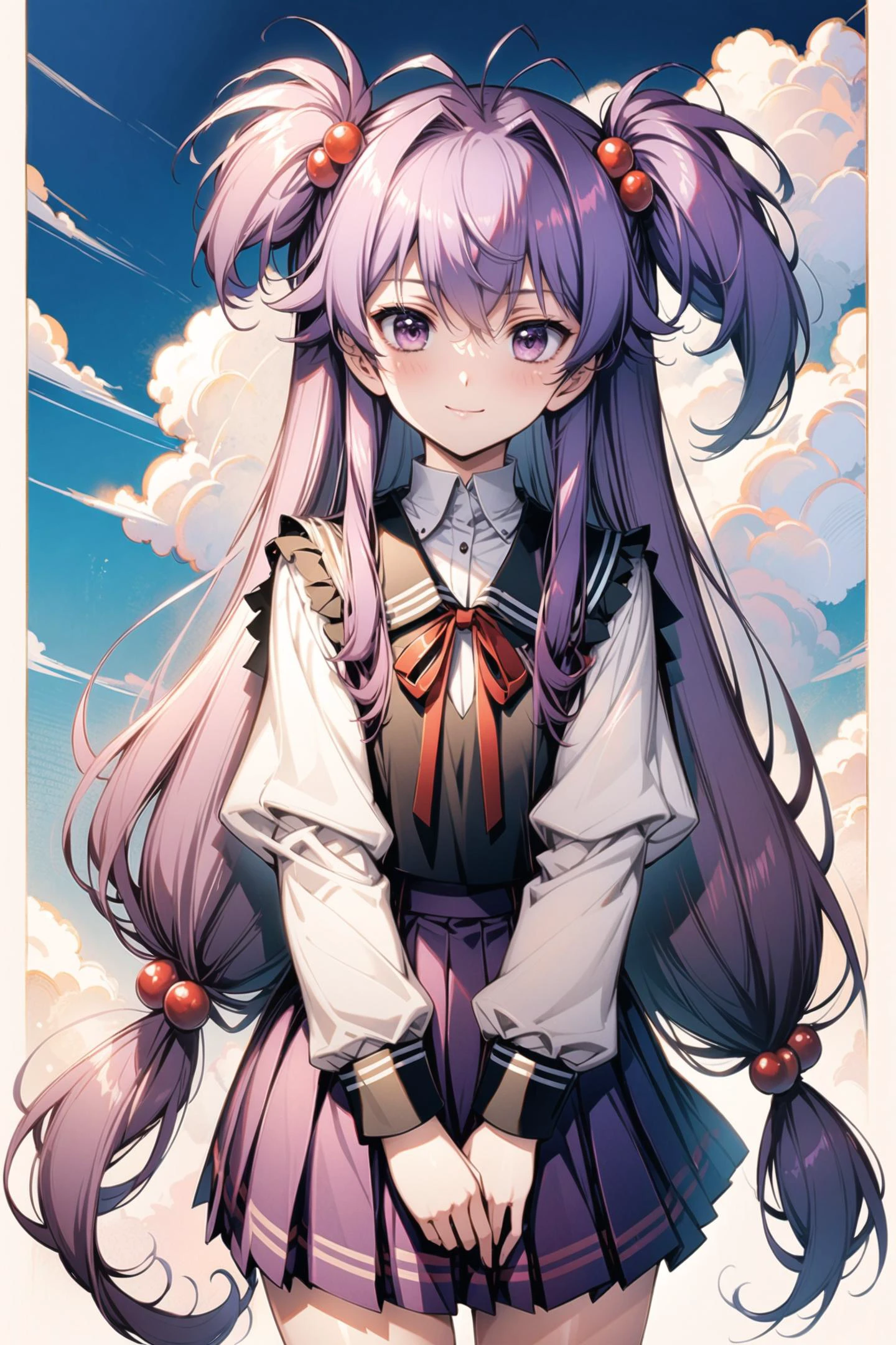 Iriya Kana,1girl,solo,skirt,long hair,hair ornament,holding,long sleeves,shirt,ribbon,pleated skirt,looking at viewer,cloud,puffy sleeves,hair bobbles,sky,school uniform,purple skirt,purple eyes,red ribbon,neck ribbon,purple hair,bangs,closed mouth,smile,white shirt,very long hair,cowboy shot,juliet sleeves,blush,bag,frills,v arms,sailor collar,blue sky,hair intakes,hair between eyes,holding bag,one side up,standing,layered sleeves,cloudy sky,day,low-tied long hair,sleeve cuffs,outdoors,antenna hair,<lora:flyx3_XL:1>,