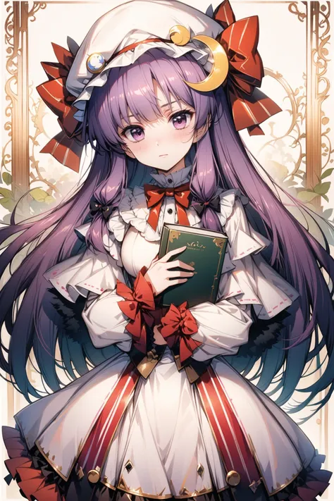 1girl, solo, hat, purple hair, long hair, patchouli knowledge, mob cap, purple eyes, crescent, looking at viewer, long sleeves, holding, bow, dress, hat ornament, crescent hat ornament, book, white dress, ribbon, hair bow, cowboy shot, red bow, black bow, very long hair, bangs, breasts, wide sleeves, frilled sleeves, white headwear, bowtie, striped, red ribbon, frills, standing, hat ribbon, adapted costume, holding book, blush, fur trim, closed mouth, buttons,<lora:flyx3_XL:1>,