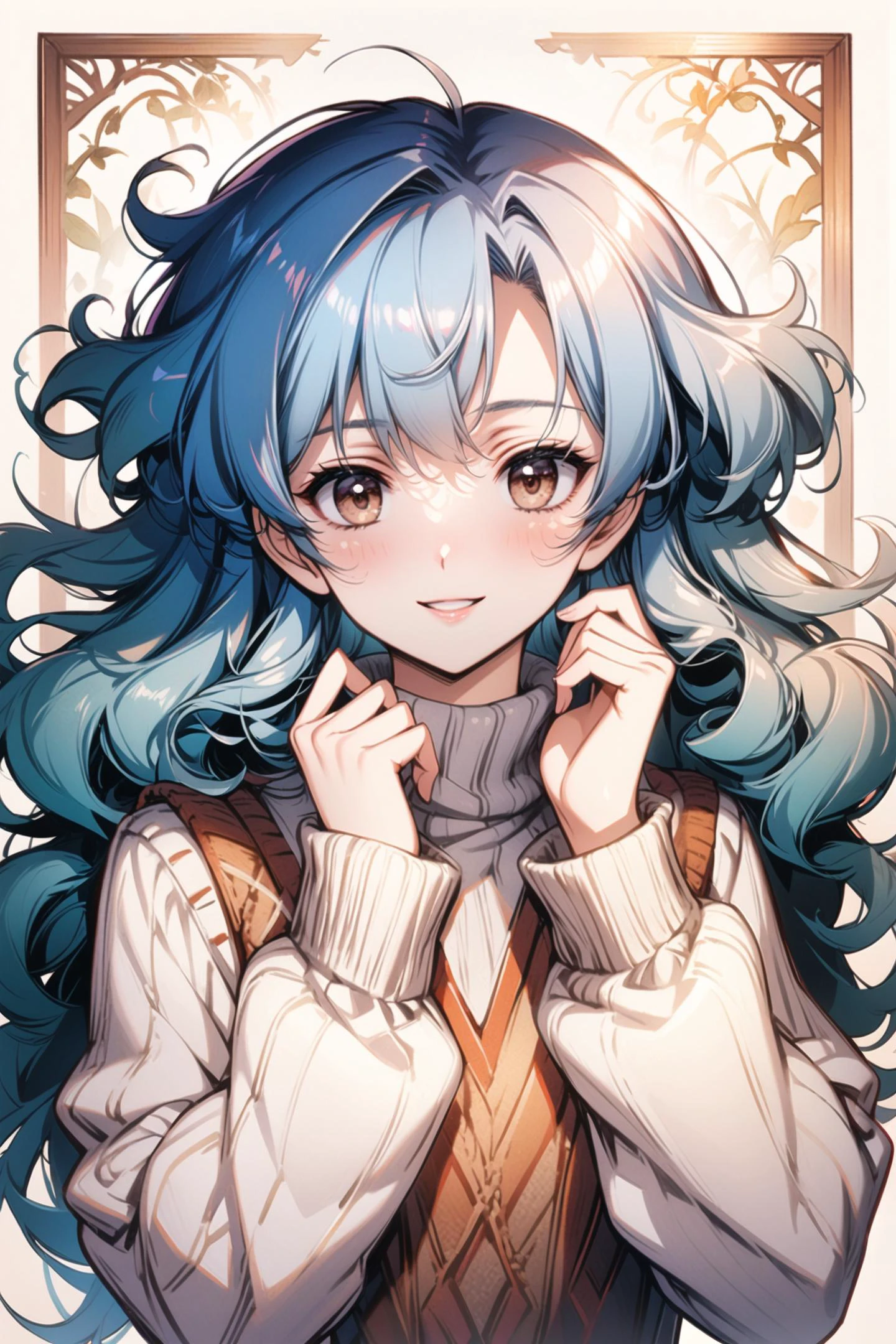 1girl,solo,long hair,looking at viewer,upper body,bangs,drill hair,parted lips,blush,long sleeves,smile,brown eyes,turtleneck,white sweater,blue hair,sweater,curly hair,<lora:flyx3_XL:1>,