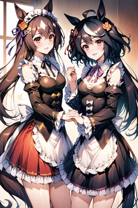 kitasan black \(umamusume\), umamusume, animal ears, horse ears, horse girl, black hair, multicolored hair, tail, red eyes, horse tail, ahoge, streaked hair, large breasts, multiple girls, 2girls, sisters, roswaal mansion maid uniform, satono diamond \(umamusume\), long hair, brown hair, breasts, ear ornament, very long hair, siblings, maid, ribbon, detached sleeves, hair ornament, hair over one eye, smile, looking at viewer, holding hands, apron, x hair ornament, hair ribbon, interlocked fingers, black ribbon, frills, maid headdress, white apron, blurry background, blurry, neck ribbon, ribbon trim, blush, purple ribbon, long sleeves, parted lips, waist apron, shiny hair, pink ribbon, dress, wide sleeves, standing, frilled sleeves, shiny, ribbon-trimmed sleeves, <lora:flyx3_XL:1>