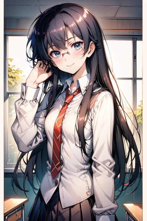 1girl,solo,long hair,glasses,necktie,shirt,looking at viewer,black hair,smile,collared shirt,white shirt,long sleeves,indoors,skirt,closed mouth,blue eyes,window,bangs,red necktie,rimless eyewear,blush,buttons,hair between eyes,pleated skirt,hand up,black skirt,hand in own hair,upper body,school uniform,classroom,breasts,desk,arm at side,<lora:flyx3_XL:1>,