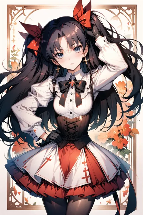 1girl,solo,long hair,earrings,jewelry,gloves,two side up,black hair,pantyhose,tohsaka rin,long sleeves,looking at viewer,cross,black gloves,bow,blue eyes,bangs,ribbon,black pantyhose,skirt,parted bangs,red bow,puffy sleeves,red skirt,blush,closed mouth,corset,breasts,arm up,hair ribbon,cowboy shot,hand on hip,bowtie,hair bow,frills,cross earrings,dress,shirt,white shirt,black ribbon,black bow,<lora:flyx3_XL:1>,