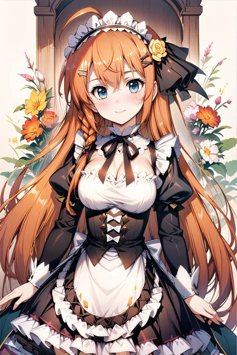 1girl, pecorine \(princess connect!\), princess connect!, long hair, breasts, orange hair, blush, ahoge, blue eyes, large breasts, x hair ornament, hair ornament, maid, looking at viewer, ribbon, maid headdress, long sleeves, dress, roswaal mansion maid uniform, smile, hair ribbon, puffy sleeves, frills, apron, bangs, closed mouth, black ribbon, pink ribbon, black dress, juliet sleeves, cowboy shot, flower, hair between eyes, red ribbon, waist apron, <lora:flyx3_XL:1>