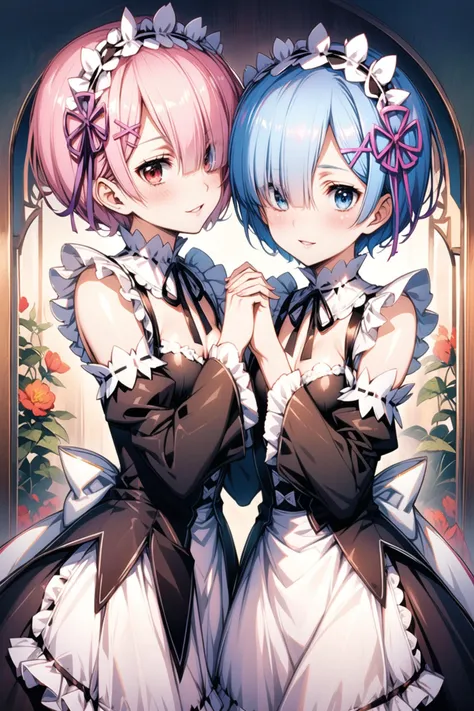 ram (re:zero),multiple girls,2girls,sisters,roswaal mansion maid uniform,twins,siblings,pink hair,rem (re:zero),(short hair:1.4),blue hair,blue eyes,maid,ribbon,detached sleeves,red eyes,hair ornament,hair over one eye,smile,looking at viewer,holding hands,apron,x hair ornament,hair ribbon,interlocked fingers,black ribbon,frills,maid headdress,white apron,blurry background,blurry,neck ribbon,ribbon trim,bangs,breasts,blush,purple ribbon,small breasts,long sleeves,parted lips,waist apron,shiny hair,pink ribbon,dress,wide sleeves,standing,frilled sleeves,shiny,ribbon-trimmed sleeves,<lora:flyx3_XL:1>,