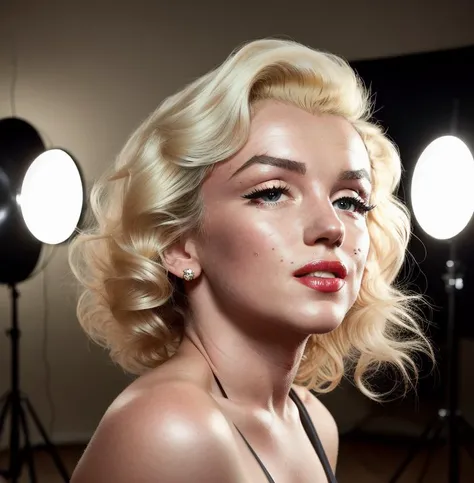 raw photo, noir style, retro photo, realistic portrait of Marilyn Monroe, in a white dress with a deep neckline, dark room, fog, looking at the viewer, spot light, glamorous photo, playboy photo shoot