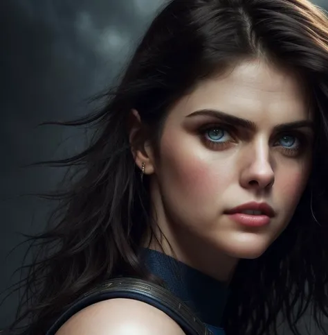 a 1990s, realistic, hair black (Alexandra Daddario) eyes blue, warrior background (photo, studio lighting, hard light, sony a7, 50 mm, matte skin, pores, colors, hyperdetailed, hyperrealistic), hdr, 8k, ultra realistic, detailed background