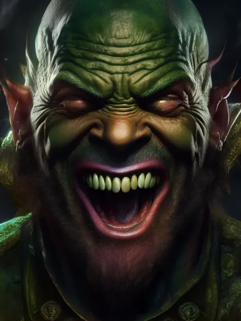 a portrait of elder god, bald,toxic laughing, muscle,radial background, detailed, cinematic, intricate details,photorealism, limelight rim lighting,