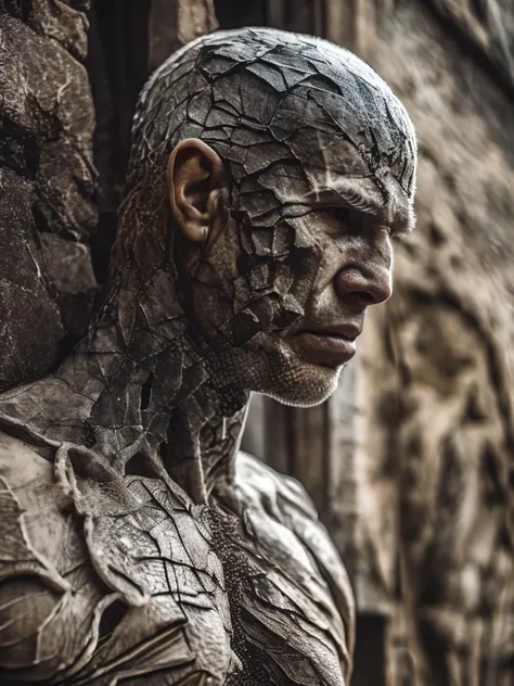 a white man made out of stone skin cracked, (intricate details), (intricate details, hyperdetailed:1.2), whole body, cinematic, cinematic composition, cinematic lighting,rim lighting, color grading, focused,hdr