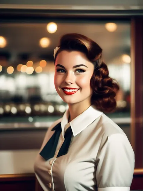 a portrait photo of a young waitress girl, pinup, AGFA Vista Plus 200,neutral color scheme, cinematic