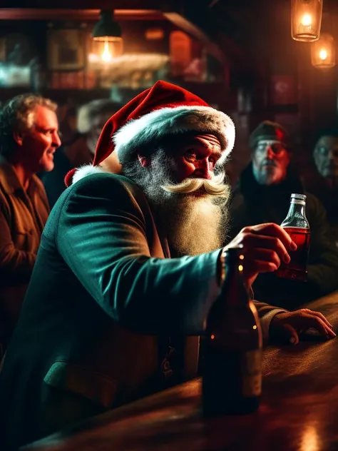 drunk, creepy santa, muddy, crowded bottle bar, intricate details, intricate details, hyperdetailed, cinematic, muted colors, film grainy, soothing tones, muted colors, technicolor,hdr