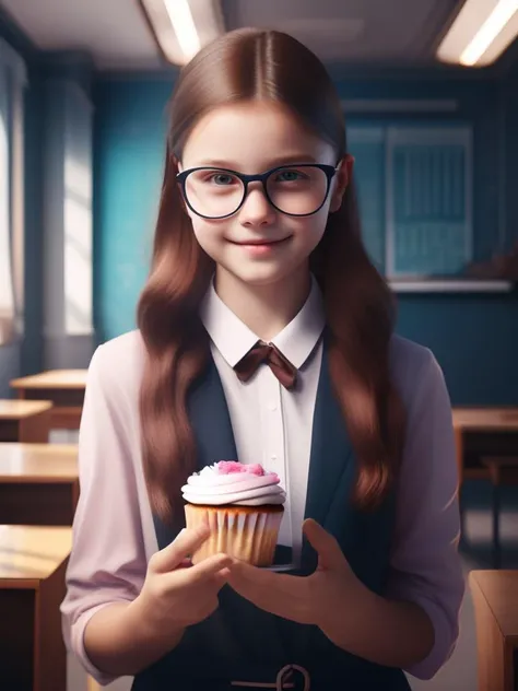 a girl, wearing a tie, cupcake in her hands, school, indoors, (soothing tones:1.25), (hdr:1.25), (artstation:1.2), dramatic, (intricate details:1.14), (hyperrealistic 3d render:1.16), (filmic:0.55), (rutkowski:1.1), (faded:1.3)