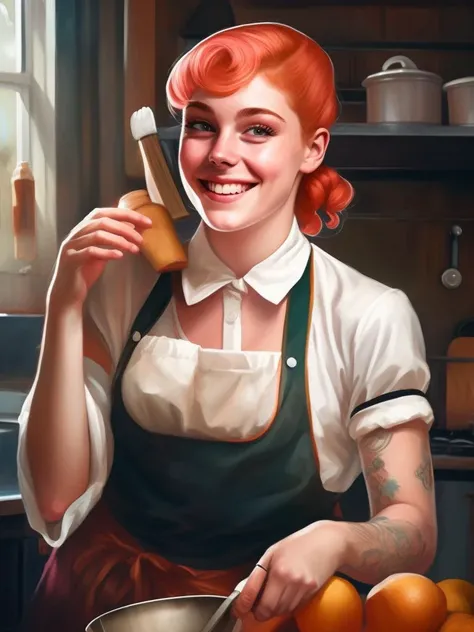 a portrait of a playful maid, undercut hair, apron, amazing body, pronounced feminine feature, busty, kitchen, [ash blonde | ginger | pink hair], freckles, flirting with camera