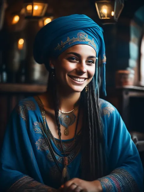 a portrait photo of a girl, smiling, tattoo, blue dreads, folk dress, Ukrainian short dress, pronounced feminine feature, insane details, intricate details, hyperdetailed, complex background, medieval tavern, indoors