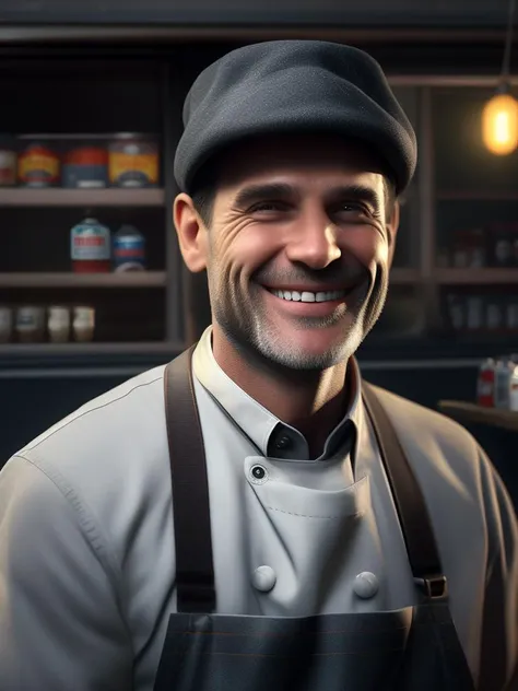 a 42 yo milkman, smiling, (milk bar:1.2), (gray apron:0.9), cook hat, artstation, (epic realistic:1.2), (hdr:1.3), (dark shot:0.7), intricate details, [[rutkowski]], intricate, cinematic, detailed