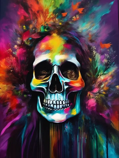portrait sized art piece. Subject matter is a potent reminder of death to remind myself of my mortality. Background is vibrant colours
