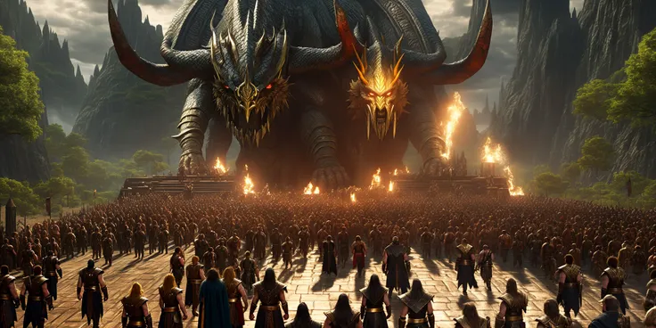 The image depicts the great dragon hall of *famous studio* thor r**** Asgard, with its golden gates open to welcome Bórr, the Father of the Norse gods. At the head of the hall, giant Odin and giant Thor stand on a raised platform, their robes draped and weapons in hand, ready to welcome giant Bórr's arrival. Thunderstorm. Other Viking gods and warriors line up behind them, looking out expectantly and in awe. In the background, we can see the mountains and waterfalls and forests of Asgard, evoking the grandeur and majesty of the realm of the gods. Thunderstorm. The image conveys a sense of joy and celebration as the gods and warriors prepare to welcome the Father of the Norse gods in grand style. Viking style, realistic 8k,*famous* comics style, vivid colors