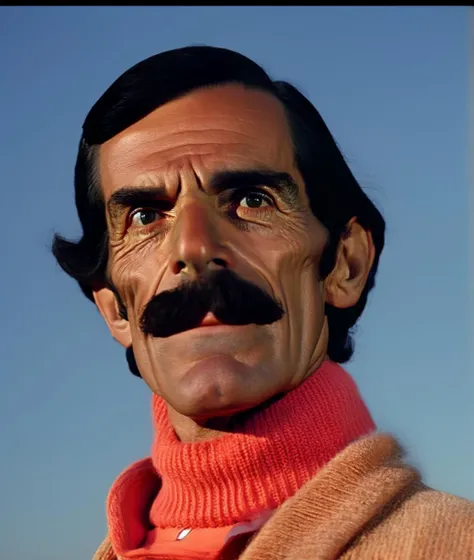 Fashionable portrait of Don Ramon, frightening appearance, suffering, star field, foggy deep night, starry sky, summer time, gloomy, pastel colors,, Don Ramon, pale, knitted sweater, minimalistic design, futuristic, smooth forms, minimal details, givenchy, film still from Wes Anderson, photograph of Don Ramon, vogue, photoreal, 200mm, HD, f/ 2. 0, highly detailed, accurate