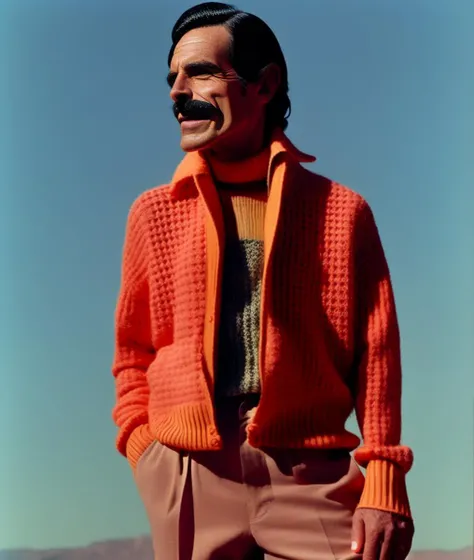 Fashionable portrait of Don Ramon, frightening appearance, suffering, star field, foggy deep night, starry sky, summer time, gloomy, pastel colors,, Don Ramon, pale, knitted sweater, minimalistic design, futuristic, smooth forms, minimal details, givenchy, film still from Wes Anderson, photograph of Don Ramon, vogue, photoreal, 200mm, HD, f/ 2. 0, highly detailed, accurate