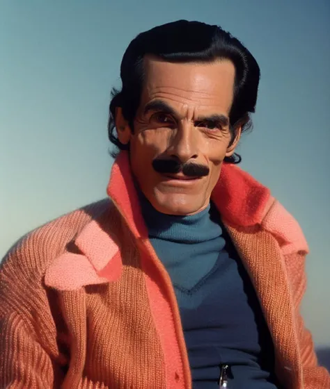 Fashionable portrait of Don Ramon, frightening appearance, suffering, star field, foggy deep night, starry sky, summer time, gloomy, pastel colors,, Don Ramon, pale, knitted sweater, minimalistic design, futuristic, smooth forms, minimal details, givenchy, film still from Wes Anderson, photograph of Don Ramon, vogue, photoreal, 200mm, HD, f/ 2. 0, highly detailed, accurate