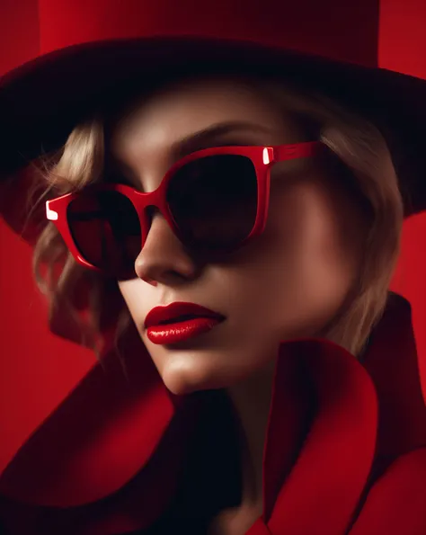 -- A woman wearing red in a high hat and sunglasses, in the style of rendered in cinema4d, graphic design poster art, close - up, michael komarck, light black and red, streamline elegance, sven nordqvist