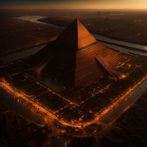 aerial view, city, ancient egyptian, nile river flowing, arches, desert, dark fantasy, pyramid,