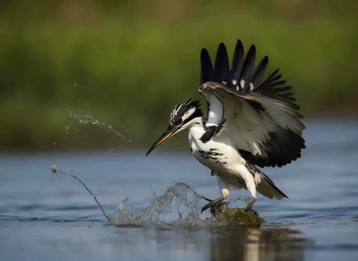 pied kingfisher catching a fish, canon r5, wildlife photography, national geographic, award winning