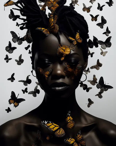 -- Black and white photograph of a black woman's face covered in butterflies, in the style of distorted, fractured depictions, bamileke art, drip painting, bold shadows, minimalist palette, cracked, i can't believe how beautiful this is