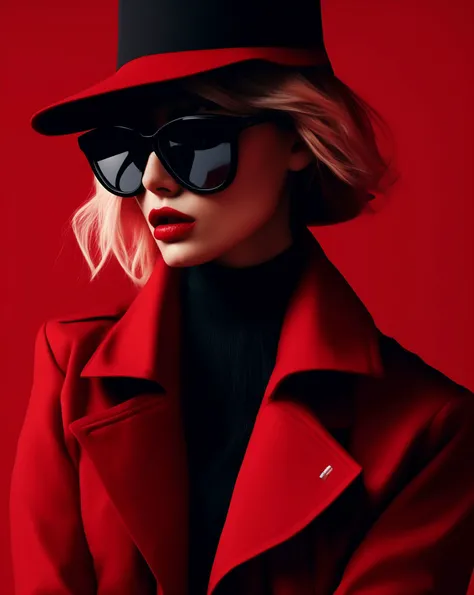 -- A woman in red wearing a hat and sunglasses, in the style of rendered in cinema4d, graphic design poster art, detail - oriented, contrasting shadows, red and black, sharp focus, fashion illustrations