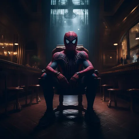 portrait of a spiderman wearing sitting on a throne inside a bar with a window inside a throne room, edge light, well lit, bokeh, blur, haze