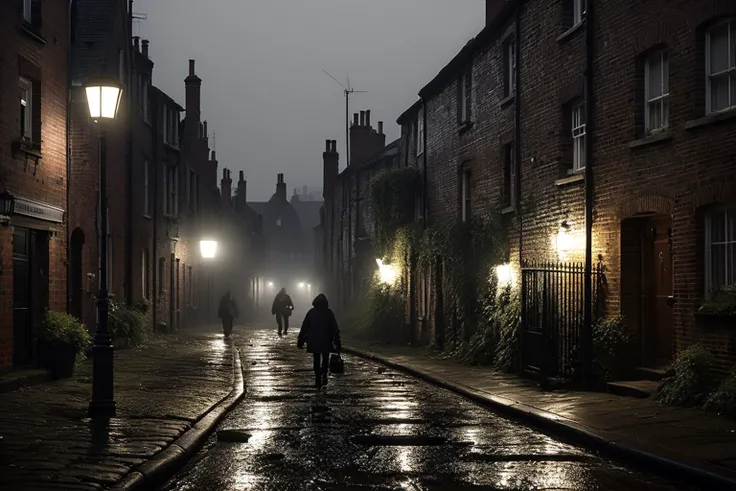 hyper realistic high angle exterior sepia tone UHD 8k photo The cold, damp fog rolls in from the Thames, engulfing the narrow, winding streets of the London slum. Describe how the thick fog obscures the view of everything beyond a few feet, leaving a sense of lonely isolation. The dim light of the gas streetlights flickers in the mist, casting eerie shadows on the surrounding brick buildings. Describe how the wavering light contributes to the feeling of isolation, making it hard to see or find one's way. The streets are eerily quiet, with only the distant sound of a dog barking or a carriage rattling along the cobbled road. Describe how the stillness adds to the sense of loneliness, making one feel as if they are the only person left in the city. The run-down, dilapidated buildings that line the streets are mostly empty, with only a few flickering gas lamps illuminating the dark windows. Describe how the deserted buildings make the slum feel like a ghost town, with an overwhelming sense of loneliness. The dampness seeps into every pore, penetrating the bones and causing a chill that seems to cling to one's very soul. Describe how the miserable weather contributes to the feeling of isolation, making one feel as if they are trapped in a perpetual state of loneliness. The few people who do venture out into the foggy night seem to scurry along with their heads down, as if afraid of being seen or caught. Describe how the furtive movements of the slum's inhabitants contribute to the feeling of isolation, as if one is a lone outsider in a world of secret rituals and hidden agendas. The occasional sound of a baby crying or a coughing fit in the distance only serves to highlight the eerie silence of the fog-shrouded streets. Describe how these haunting noises add to the sense of isolation, making one feel as if they are surrounded by a constant reminder of human suffering. The flickering gas streetlights cast a sickly yellow glow over everything, making even the brick walls of the surrounding buildings seem to be alive with an unhealthy glow. Describe how the sickly lighting contributes to the feeling of isolation, as if one is living in a world that is perpetually shrouded in gloom and despair.