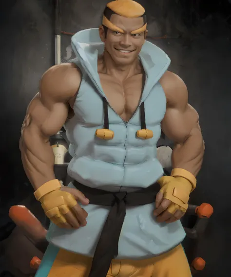marshal_pokemon, standing, hands on pocket, looking at viewer, teal bands, dark skin, fingerless orange gloves, gym, dojo, orange trackpants, black belt, sleeveless teal jacket, smile <lora:Marshal:0.85>