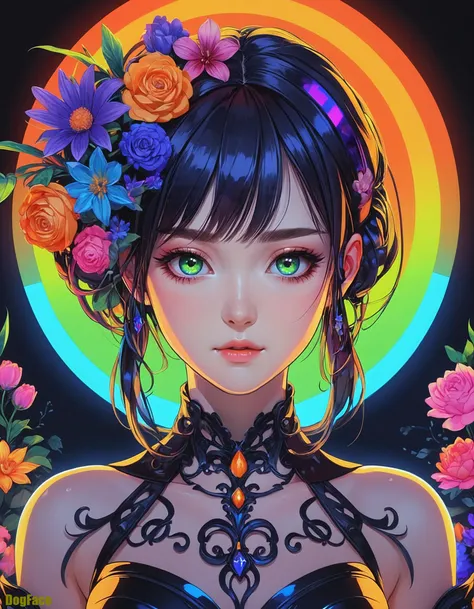 asymmetrical and off-center. Intricate colorful neon rainbow neon fluorescent colors and vanta black. Orange, yellow, green, pink, red, blue, purple. Black light poster. masterpiece, centered, a drawing of a girl with flowers in her hair, an anime drawing, featured on pixiv, gothic art, neon blacklight color scheme, multicolored art, shiny colors, beautiful female android, blue image, antialiased, living flora, colorful! character designEngine, Trending on ArtStation, HDR, 3D Masterpiece, Perfect Composition Epic cinematic brilliant stunning intricate meticulously detailed dramatic atmospheric darkness, intricately stylized vector design, line work, flourishes, patterns