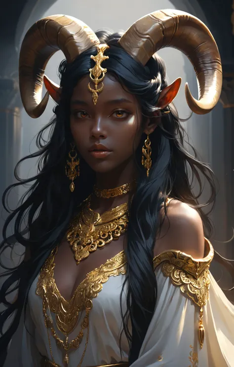 (Dark Girl aesthetics:1.4), a beautiful woman with long black hair, big natural ram horns on her head, flowing dress, gold jewellery, dnd, face, fantasy, intricate, elegant, highly detailed, digital painting, artstation, concept art, smooth, sharp focus, illustration. dark and moody, a mesmerizing blend of light and shadow. masterpiece, absurdres, intricate details <lora:xl_more_art-full_v1:0.35> <lora:MJ52:0.33>