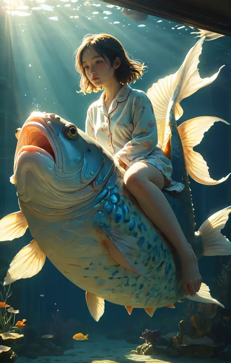 (Lo-Fi aesthetics:1.4), a woman in pajamas riding a giant fish, full shot, atmospheric lighting, detailed face. bathed in sunlight, a mesmerizing blend of light and shadow. masterpiece, absurdres, intricate details <lora:xl_more_art-full_v1:0.35> <lora:MJ52:0.33>