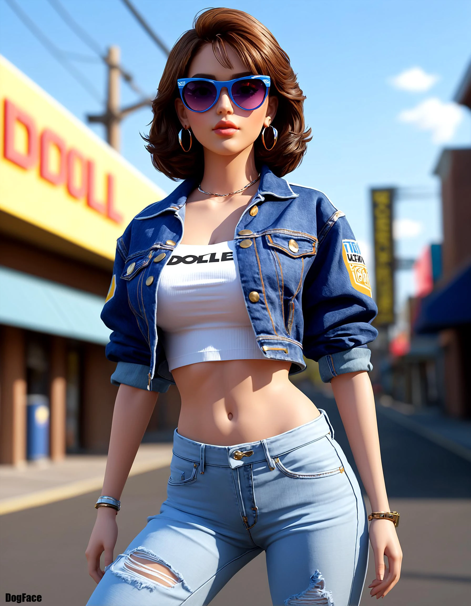 1girl, Epically Gorgeous, 1980's Attire, Crop-top, Jeans, Jean-Jacket, Shutter-Shades, Medium Breasts, Text Logo "Doll-E", 2.5D Render, Unreal Engine 5 Render, 8k, Highly-detailed,