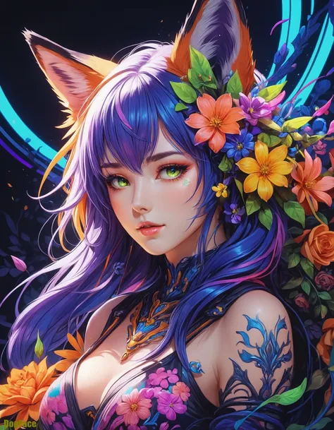 asymmetrical and off-center. Intricate colorful neon rainbow neon fluorescent colors and vanta black. Orange, yellow, green, pink, red, blue, purple. Black light poster. masterpiece, centered, a drawing of a fox-girl with flowers in her hair, (Only Fox-Ears:1.4), an anime drawing, featured on pixiv, gothic art, neon blacklight color scheme, multicolored art, shiny colors, beautiful female android, blue image, antialiased, living flora, colorful! character designEngine, Trending on ArtStation, HDR, 3D Masterpiece, Perfect Composition Epic cinematic brilliant stunning intricate meticulously detailed dramatic atmospheric darkness, intricately stylized vector design, line work, flourishes, patterns