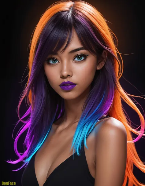 (simple-black-background:1.5), 1girl, Filipina, multi-colored-hair, Highly-detailed-eyes, long-face-framing-bangs, (dark-tan-skin-tone:2), (photo negative effect:2.5), (Dark-low-light-scene:2.0), (Glowing luminescent Ombre neon-green, neon-orange, neon-purple, neon-blue, Color Scheme:2.5), (UV/Blacklight luminescent Effects:2.5), (Saturating-Ambient-Cascading neon blue and neon purple lighting:2.5), (Neon-UV-Reactive Glowing Lipstick and Eyeliner:2.5), Ray Tracing, UHD, (Deep Shadows:1.4), (Highly Detailed:1.8), Gorgeous, Unrivaled beauty, (Epic 2.5D Anime style Render:1.7)