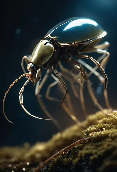 cinematic film still of (2.5D Render), honey gold and olympian blue, pastel colors, portrait photography, dark and moody, a portrait her beautiful visage AND is made of biomechanical petals, crustacean exoskeleton, goo, liquid mercury, reclaimed by nature, petals, moss, decay, scratches, battered, torn, old, ancient, shallow depth of field, vignette, highly detailed, high budget, bokeh, cinemascope, moody, epic, gorgeous, film grain, grainy