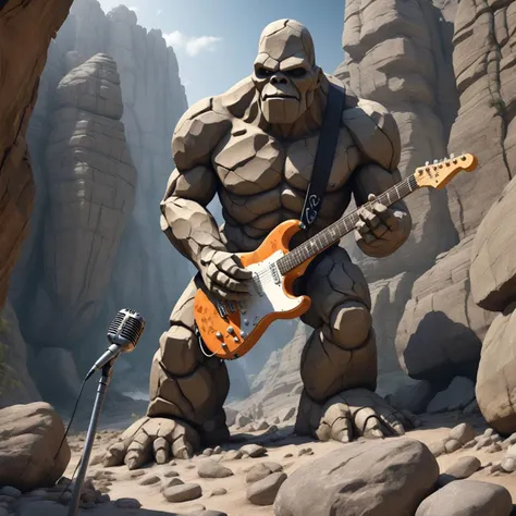 (exquisite detail)1, (perfect quality)1, (specular reflections)1, a rock golem performs a rock concert in a rocky canyon full of rocksl with an electric guitar and microphone