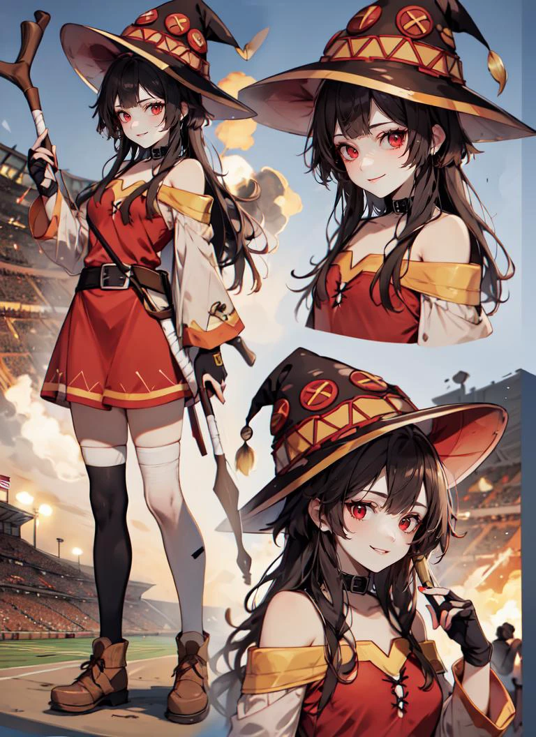 ((best quality)), ((highly detailed)), absurdres, extremely detailed face, beautiful face, (detailed eyes, deep eyes), (1girl), <lora:CharacterDesign_Concept:.8>, (CharacterSheet:1), (multiple views, full body, upper body, reference sheet:1), dynamic pose, full body, <lora:megumin_v3:.8>, black hair, red eyes, smiling, megumindef, witch hat, staff, holding staff, (outside, at a stadium, twilight)