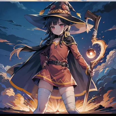 1 girl, solo, short sleeve, green eyes, looking at viewer, crying, simple background, heart 1girl,steam, thong, (megumin), witch hat, red dress, magic wand,pregnant woman, tense underwear, white underwear, excited face, wet skin, full body portrait --auto --s2