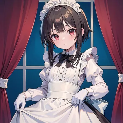masterpiece, best quality,
1girl, solo, <lora:megumin_v3:1> flat chest, meguminrnd,
(Maid dress:1.3),maid, white shirt, long shirt, long sleeves, black bow tie, bow tie brooch, maid headdress, maid apron,White gloves with