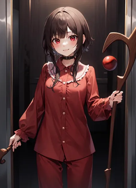 ((best quality)), ((highly detailed)), masterpiece, absurdres, (detailed eyes, deep eyes), (1girl), cowboy shot, ((wide shot)), <lora:megumin_v3:1>, black hair, red eyes, smiling, meguminpajamas, staff, holding staff, (indoors, on an elevator)