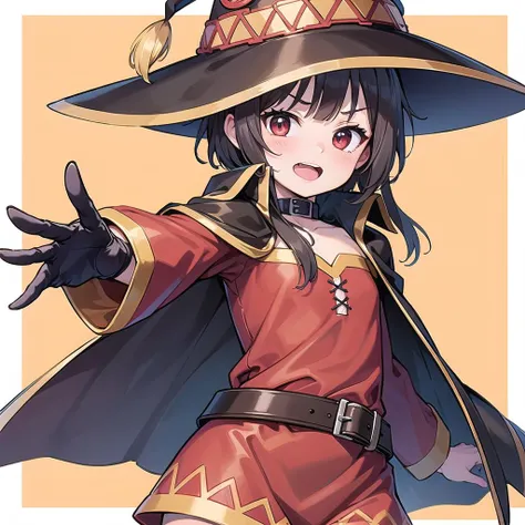 masterpiece, best quality,
1girl, solo, <lora:megumin_v3:1>  flat chest, megumindef,  witch hat, cape, dynamic pose